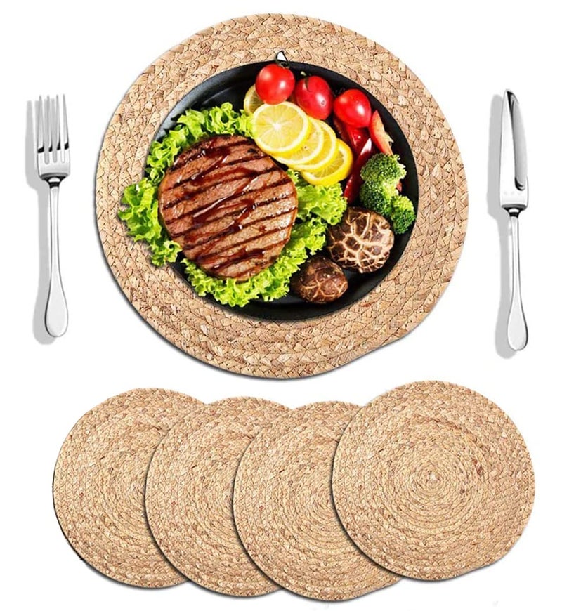 WENFOME 4 Pieces Round Woven Placemats, 13.8 inch Plate Chargers Natural Wicker Placemats Water Hyacinth Straw Braided Tablemats Rattan Tablemats Rustic Weave Placemats for Table Decoration - Image 3